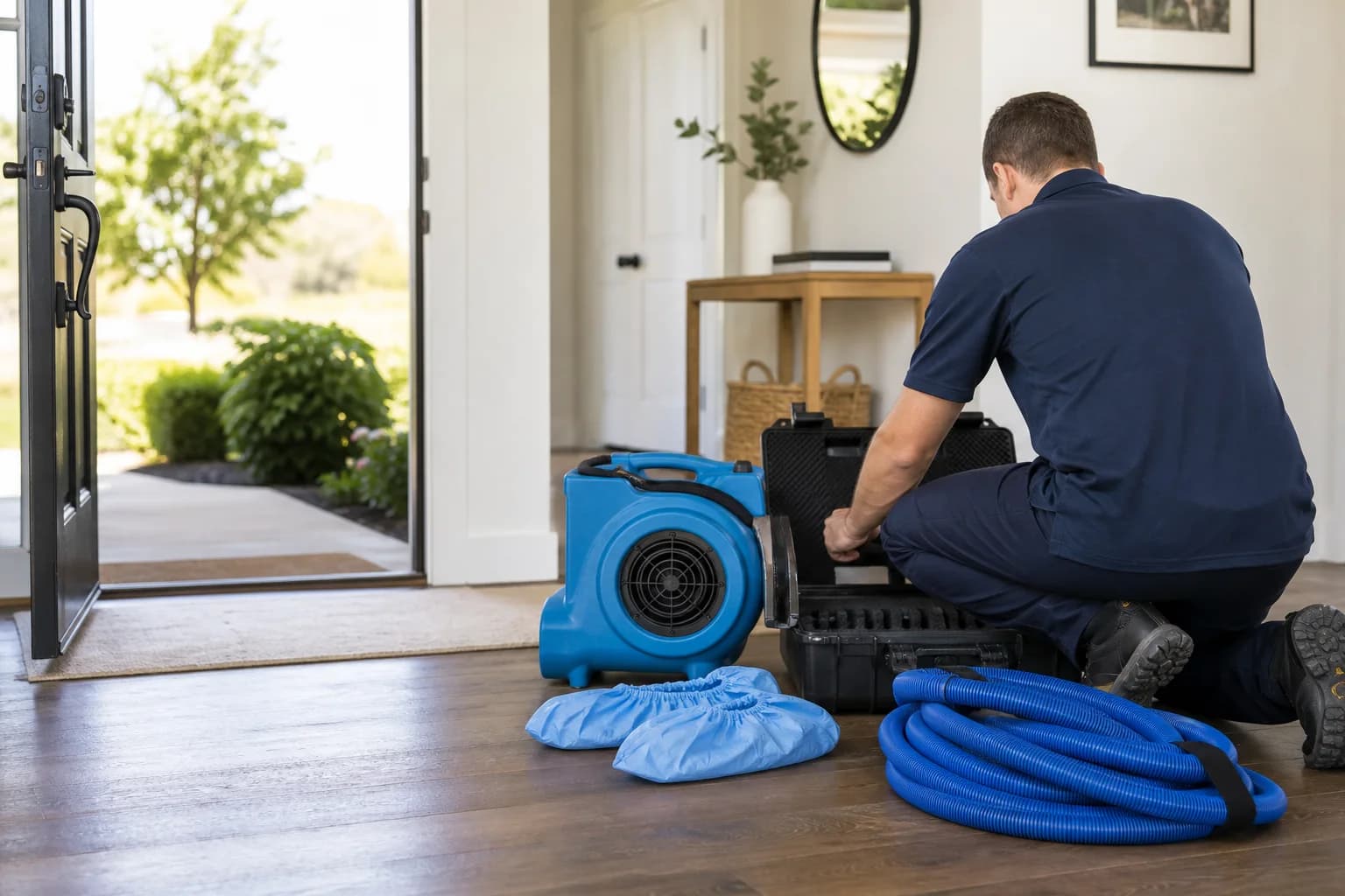 Generated service visual of a technician preparing restoration equipment